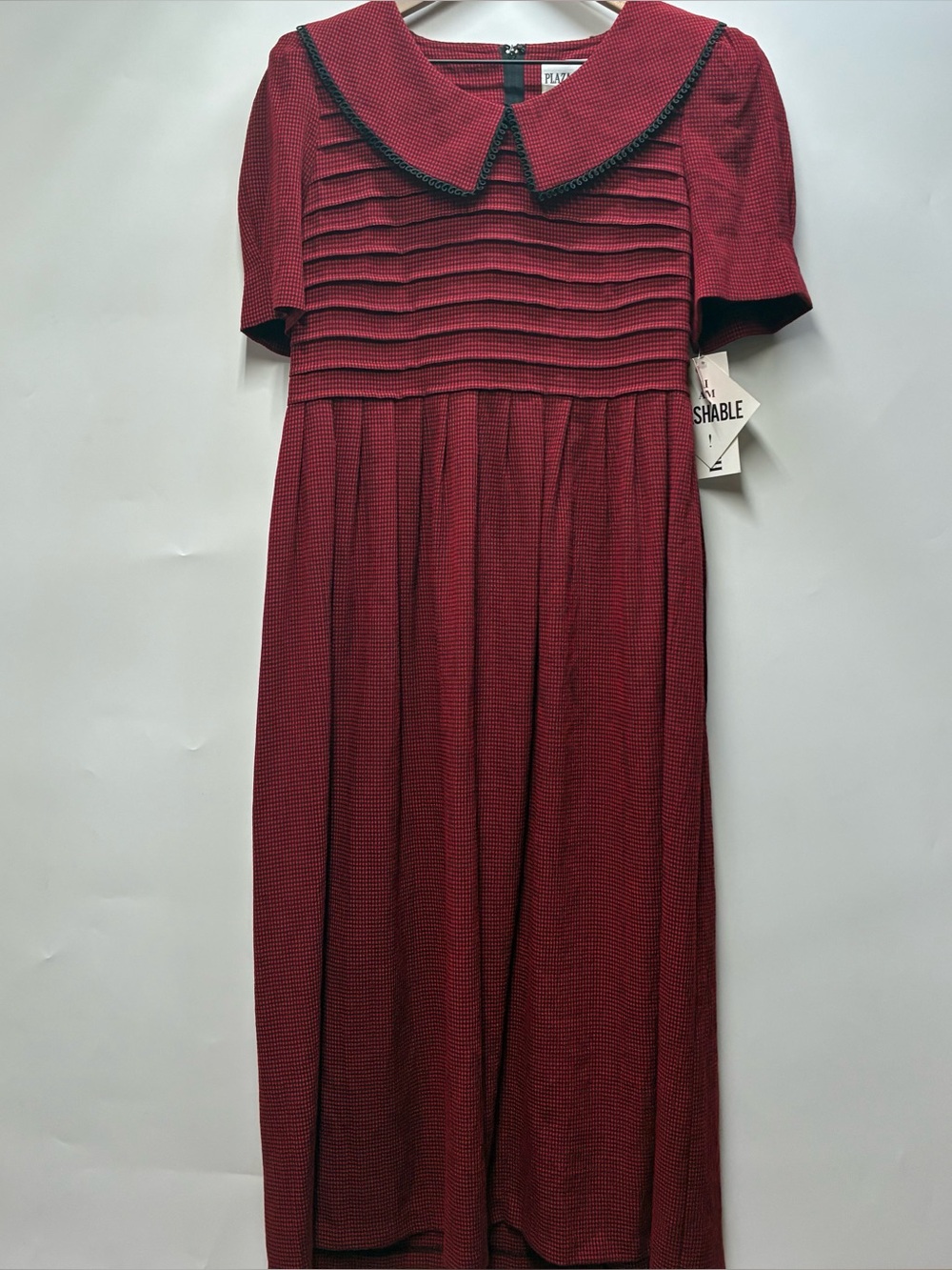 NEW Vintage 90s Plaza South 4 Red Gingham Red Maxi Dress Peterpan Collar Pleated
